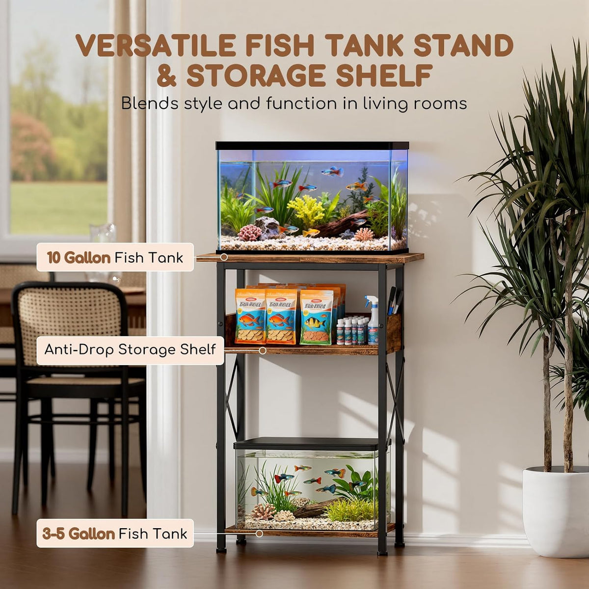 5-10 Gallon Fish Tank Stand with Storage Shelves - Rustic Brown / 10 Gallon-3 Tier - image 3
