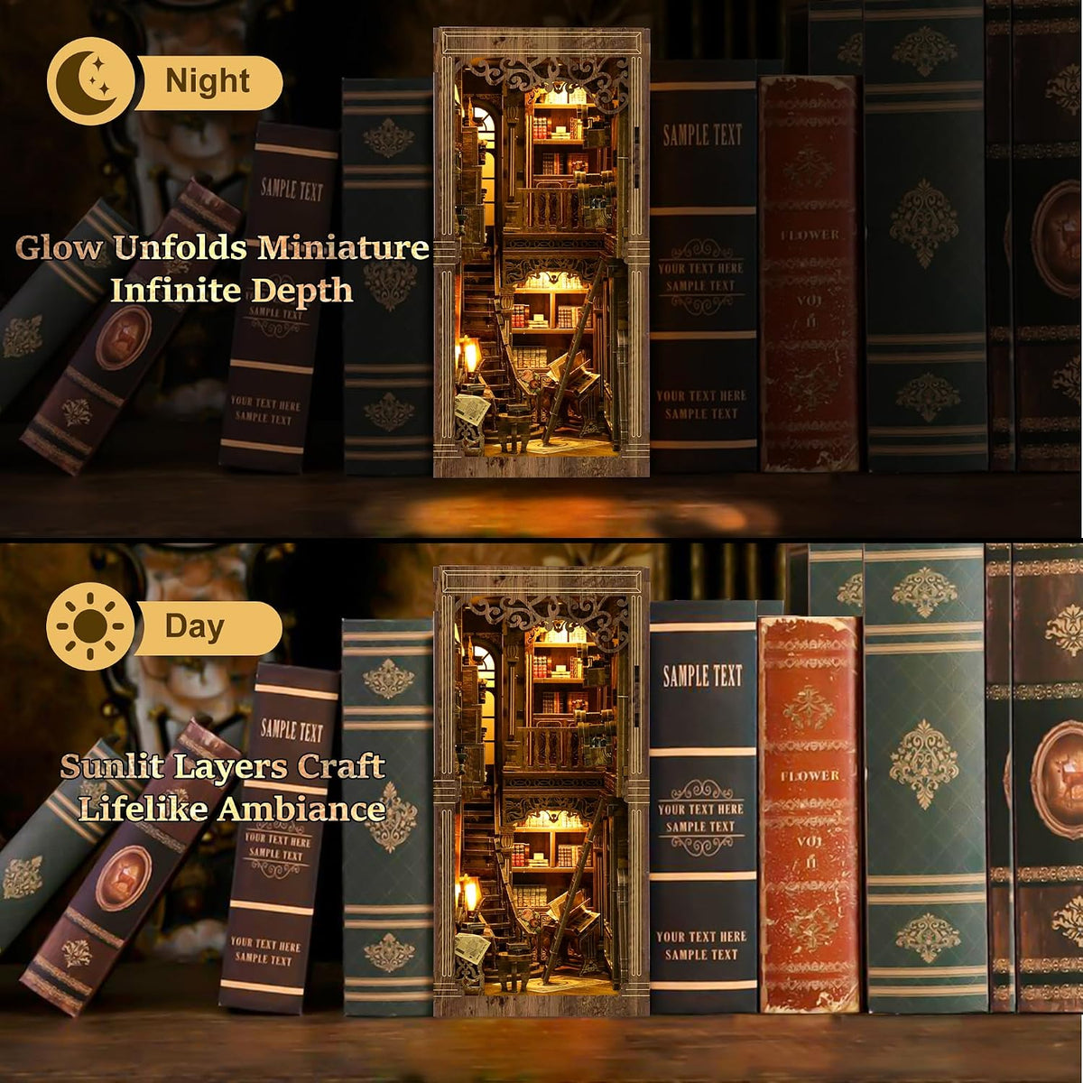 CRIOLPO vintage bookstore book nook kit with LED lights and ladder - view 12
