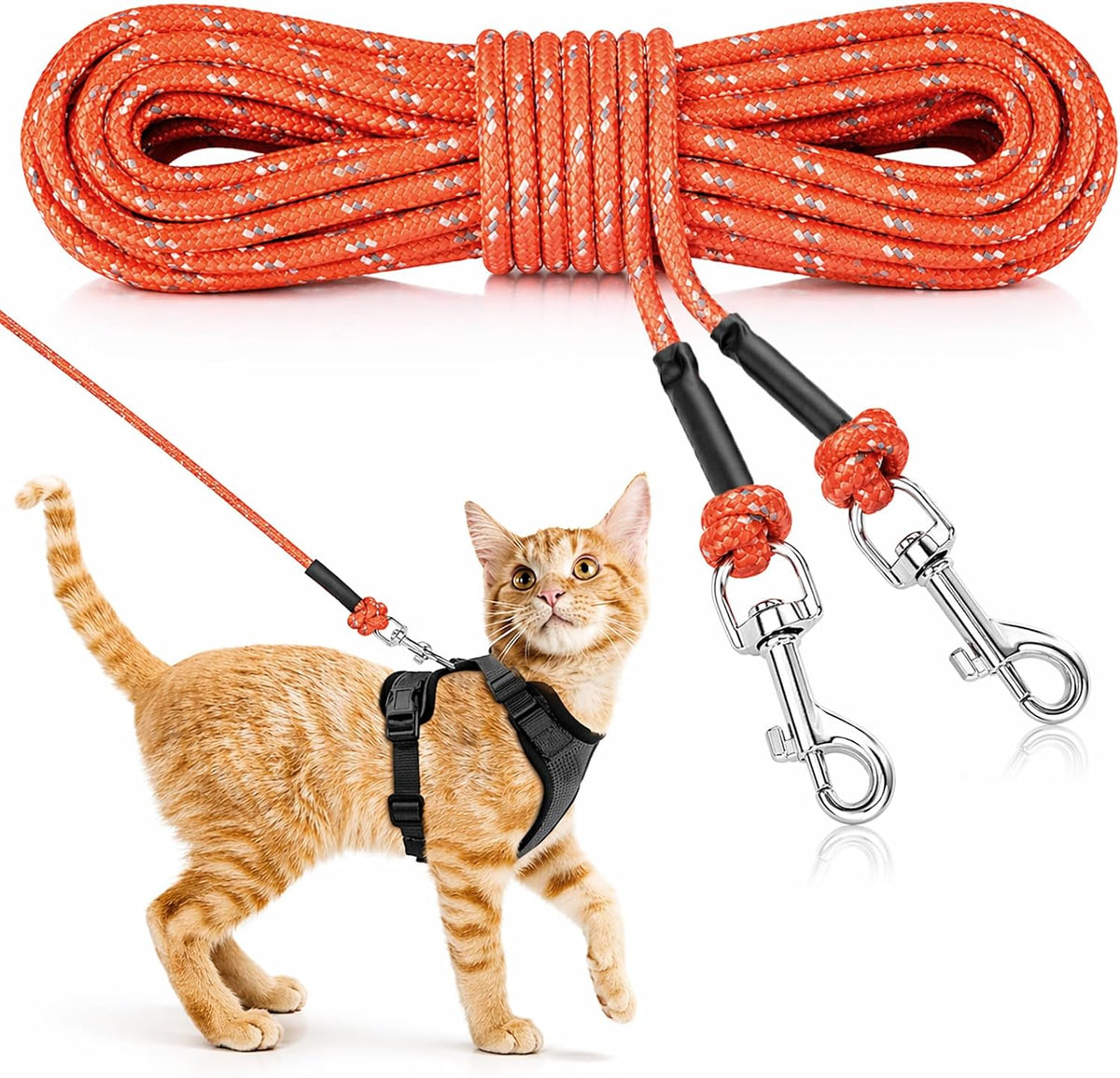 Reflective Cat Long Leash 15 FT - 50 FT / Orange