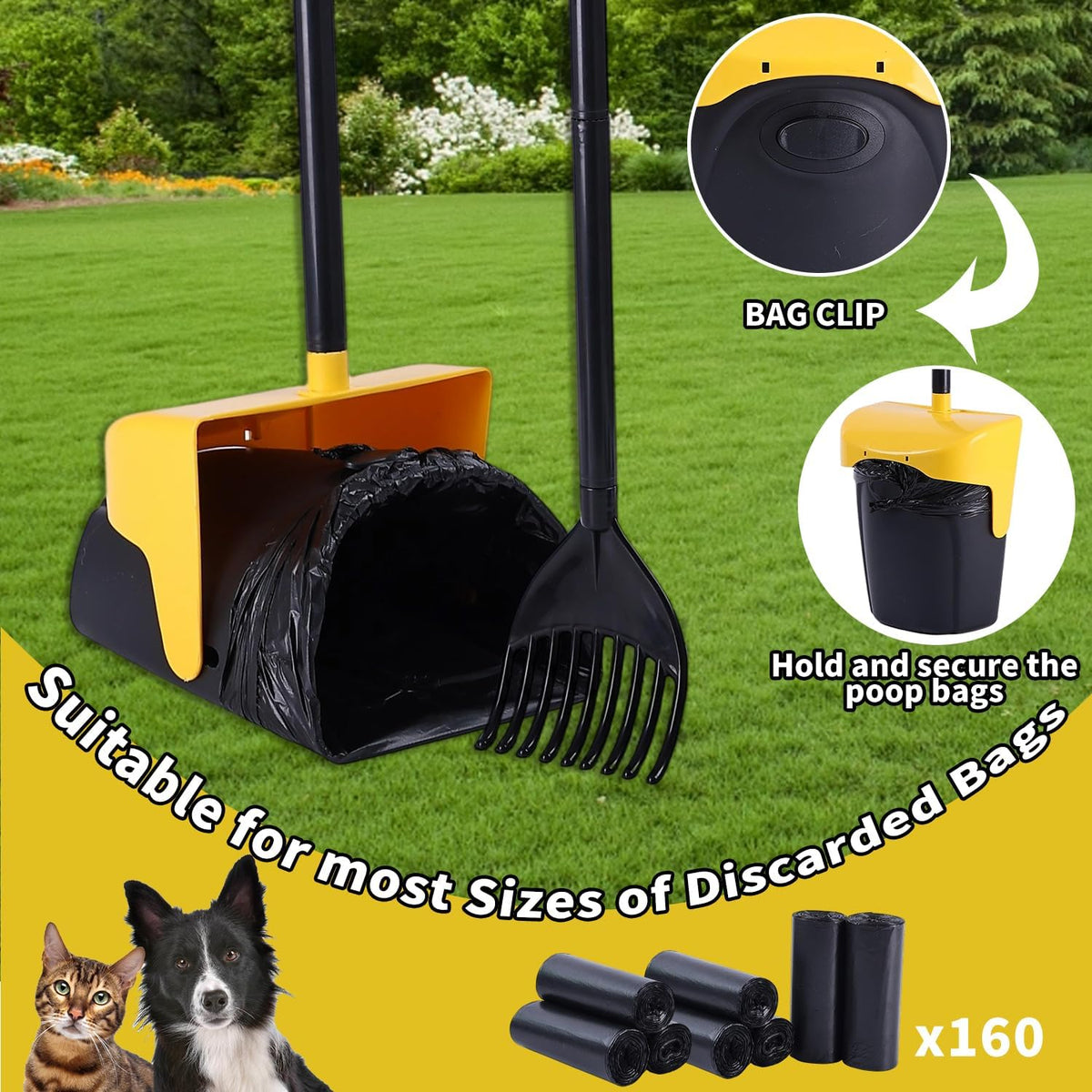 Pooper Scooper Large Swivel Bin & Rake with 160 Waste Bags - Yellow - image 3