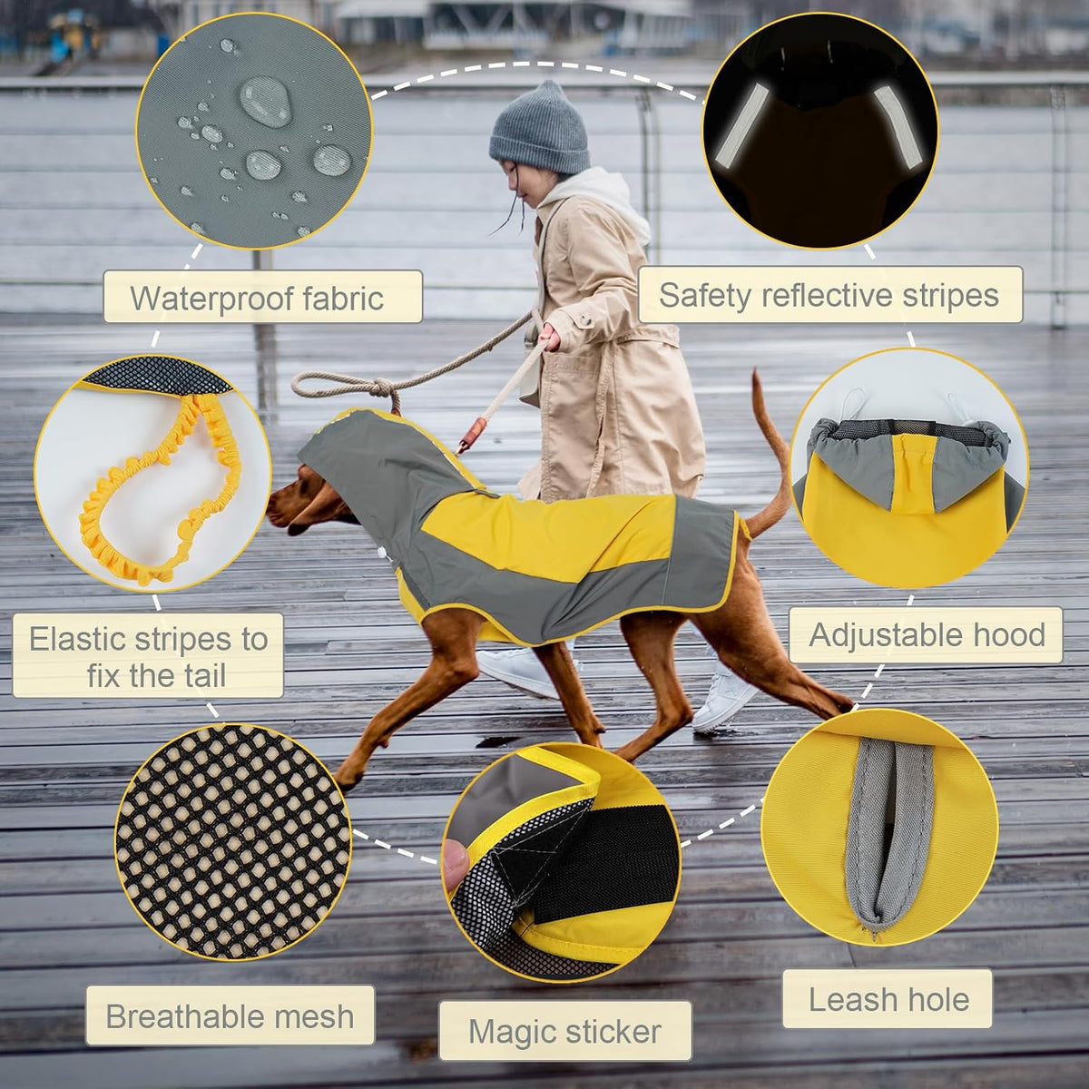 Hooded Dog Raincoat, Reflective Large Dog Rain Poncho - 2X-Large / Yellow - image 2