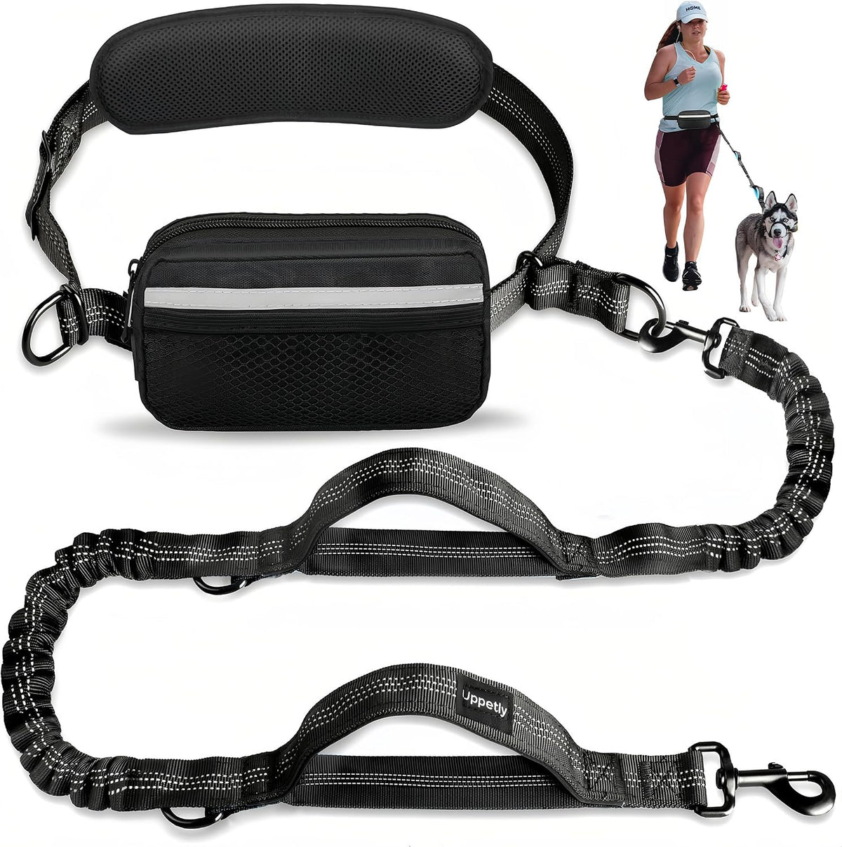Uppetly Hands Free Dog Running Leash with Waist Belt - 1 dog/Black / Large