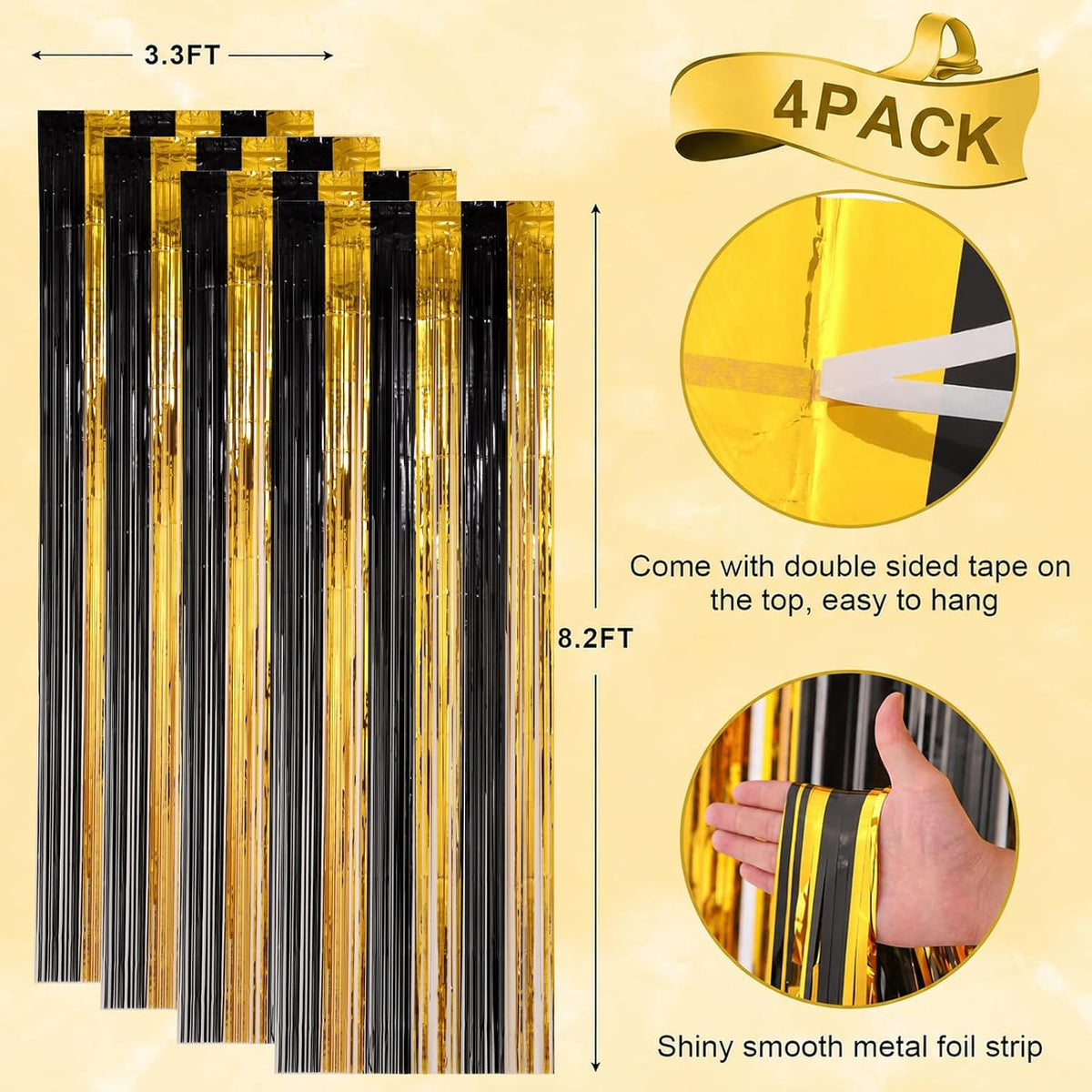 Voircoloria 2 Pack Gold Foil Fringe Backdrop Curtains - Black and Gold / 4 - image 3