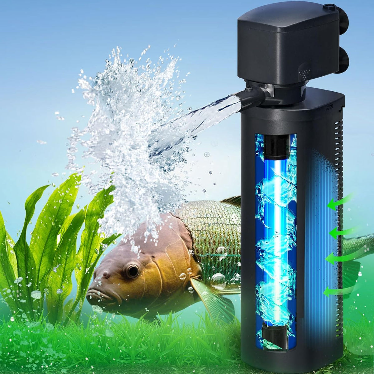 200GPH Aquarium Filter, U-V for Aquarium for 20-75 Gal Tank - Large Aquarium Filter for 125-400 Gallon / Black
