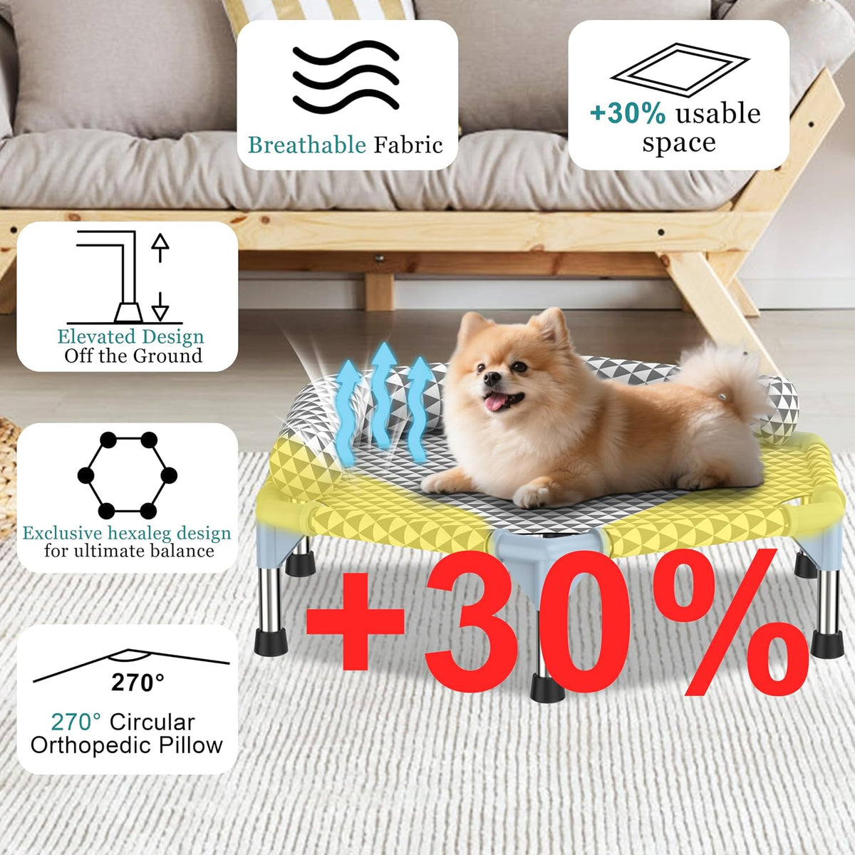 Kuntrust Elevated Outdoor Dog Bed, Medium Size, Cotton Material - Triangle / 6 sided Bolster Small - image 2