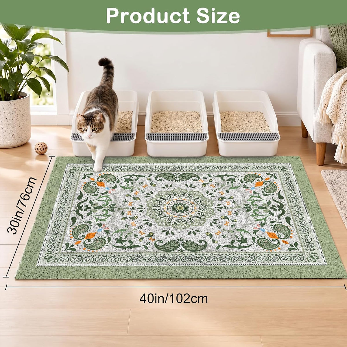 24"x15" Cat Litter Mat Non-Slip Washable Litter Box Mat – Daily Care for Cats - Green Mandala / 40X30in - image 3