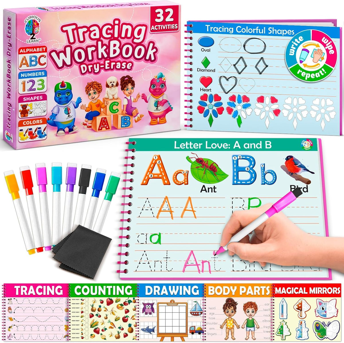 Curious 2 Learn Hardcover Preschool Activity Workbook for Kids Ages 3 - Pink