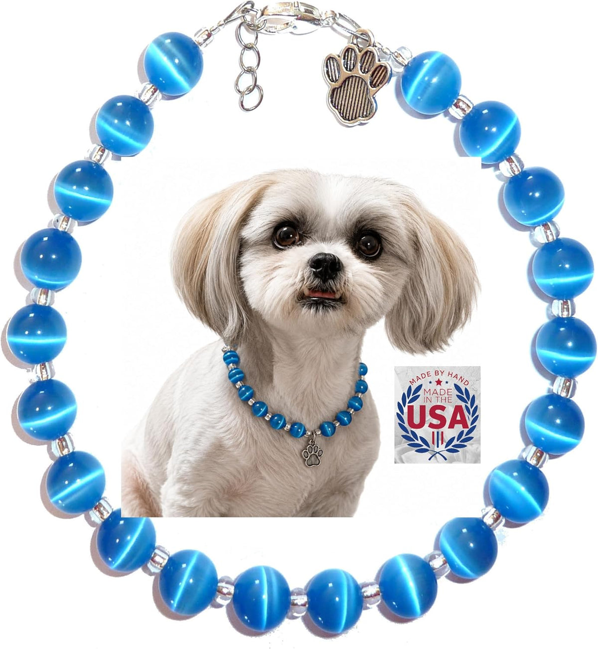 Hidden Hollow Beads Handmade USA Adjustable Beaded Pet Collar - Blue / 11 - 13 1/2 Inches