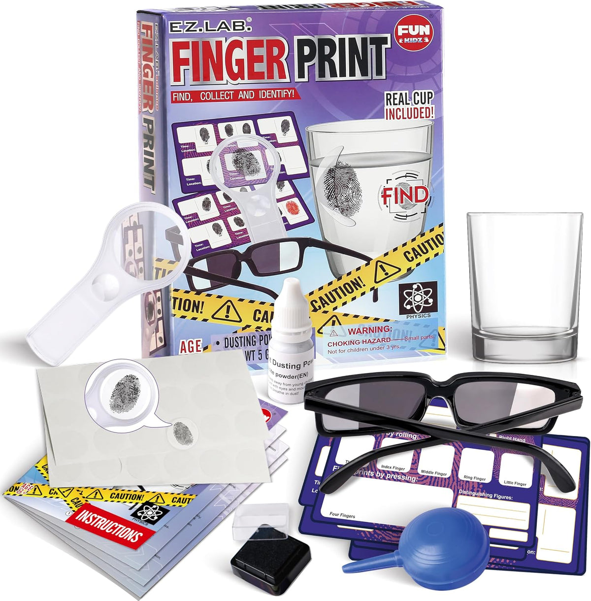 FunKidz detective fingerprint kit for kids with dusting powder, bellows, magnifier and spy glasses