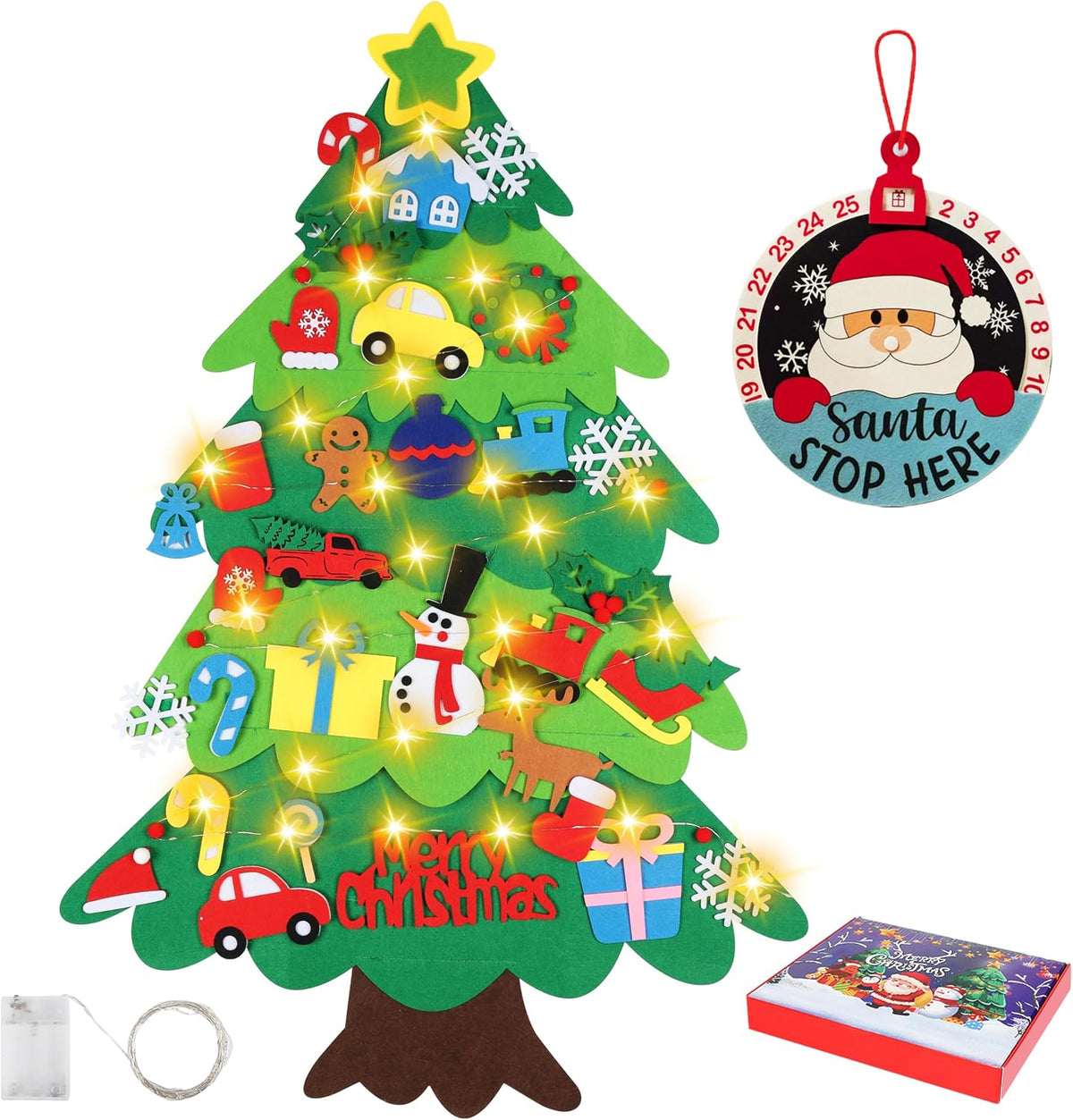 Onekka felt Christmas tree for kids on a wall with felt ornaments and string light - view 2