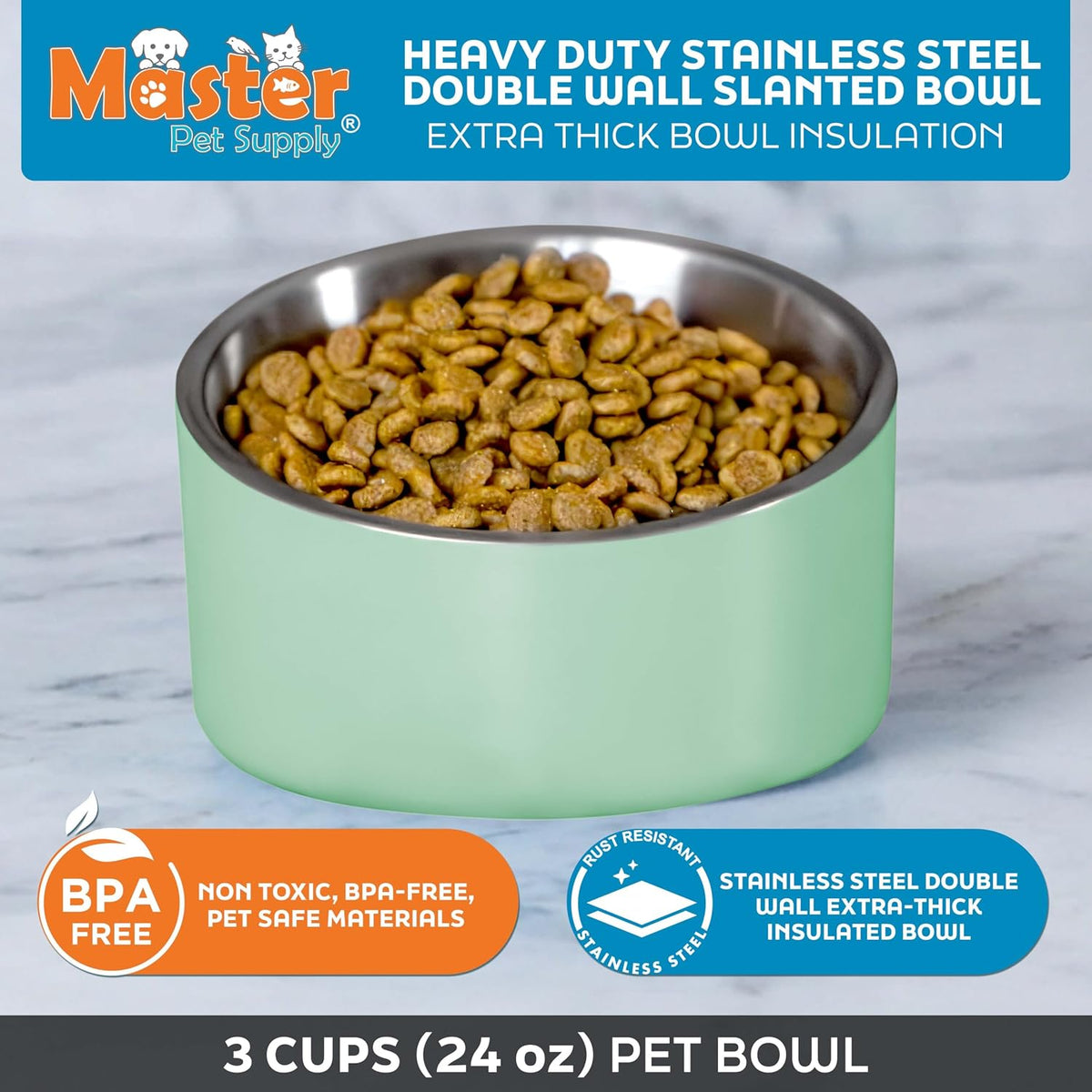 Master Pet Supply Stainless Steel Slanted Dog Cat Food Bowl 24 oz - Pistachio / 3 Cups (24 oz) - image 2