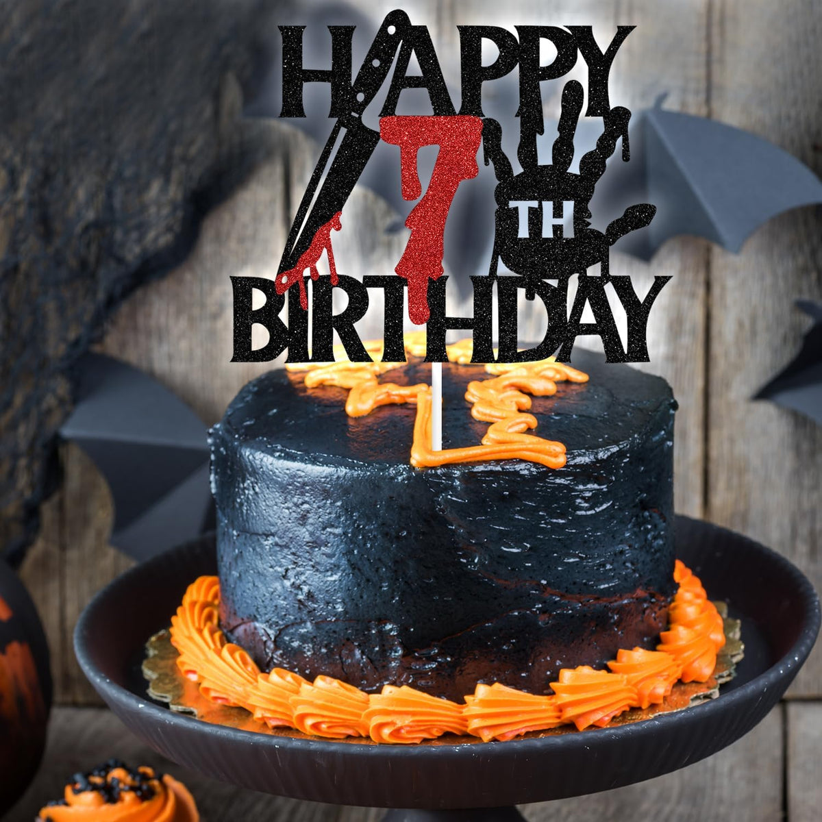 Black glitter Killer Happy 13th Birthday cake topper for a horror Halloween party - view 20