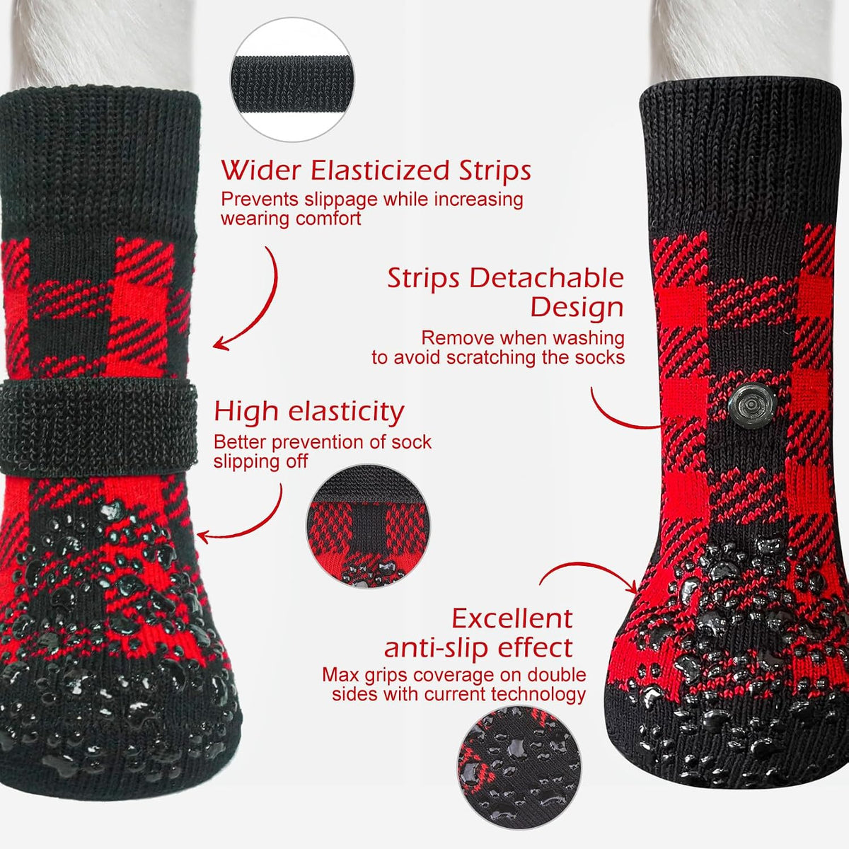 Anti Slip Dog Socks to Prevent Licking Paws - Large (4 Count) / Black and Red - image 2