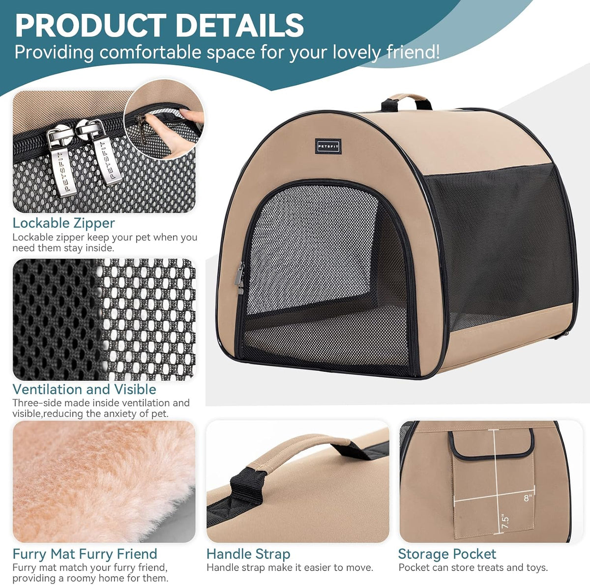 PETSFIT Portable Dog Crate, Travel Dog Crate, Roomy - Khaki / 16.5"L x 16.0"W x 19.0"H - image 3