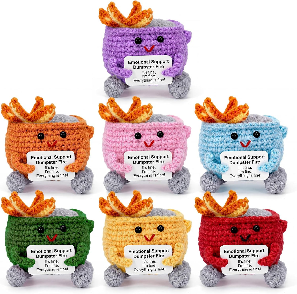 Megele 7-pack crochet dumpster fire desk figures in different colors with positive cards