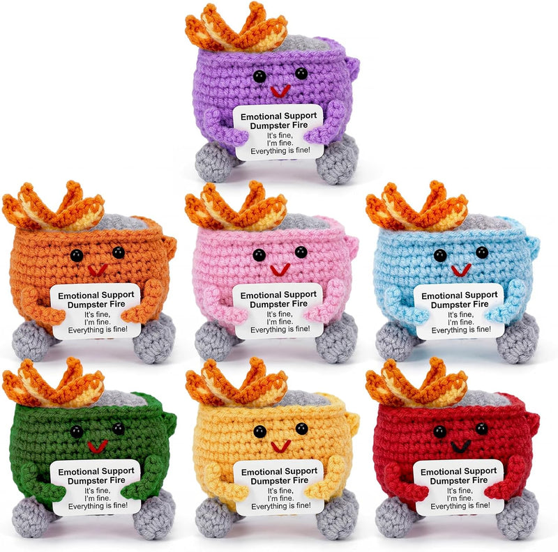 Megele 7-pack crochet dumpster fire desk figures in different colors with positive cards