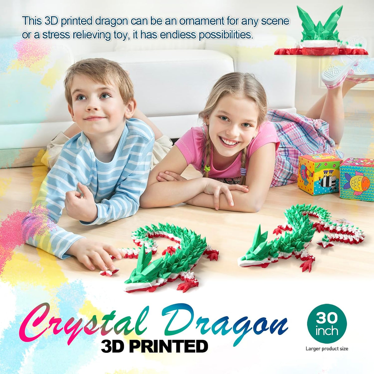 24" Large 3D Printed Dragon - Green White Red / 30 inch - image 4