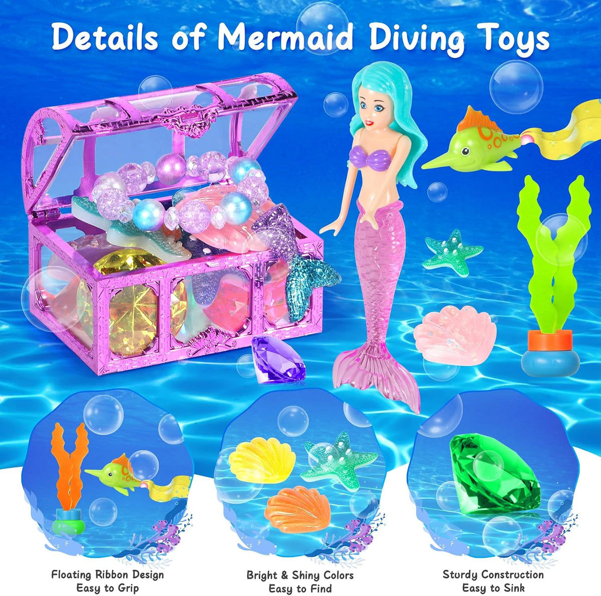 VGOFUN 31-piece mermaid diving pool toys with gems, pirate treasure chest and mesh bag - view 8