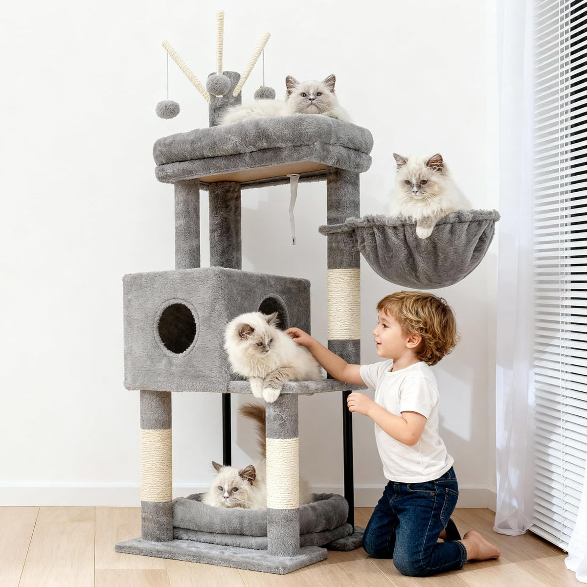 Heybly Cat Tree, 45.3" Cat Tower for Indoor Cats with Large Perch HCT202SG – Essentials for Cats - 45.3 inch / Light Gray - image 2