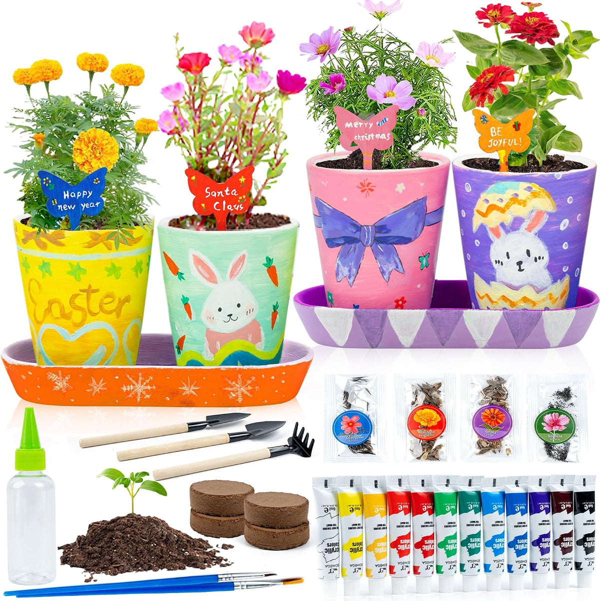 RGBDOT kids gardening set with 4 paintable stoneware flower pots and 12 paint tubes - view 2