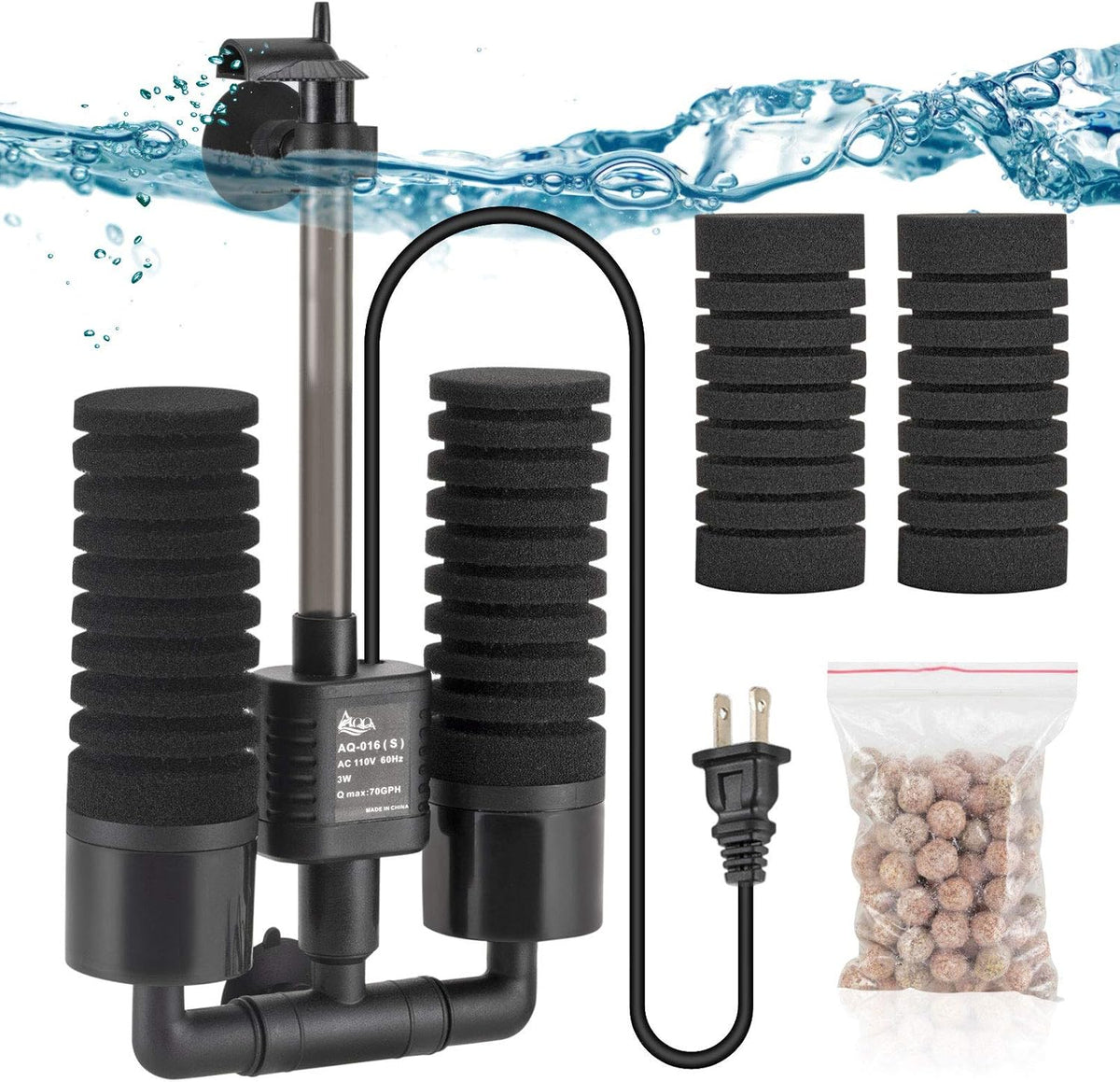 AQQA Electric Sponge Filter for Aquarium, 3W - S (3W for 10-40 gallon）