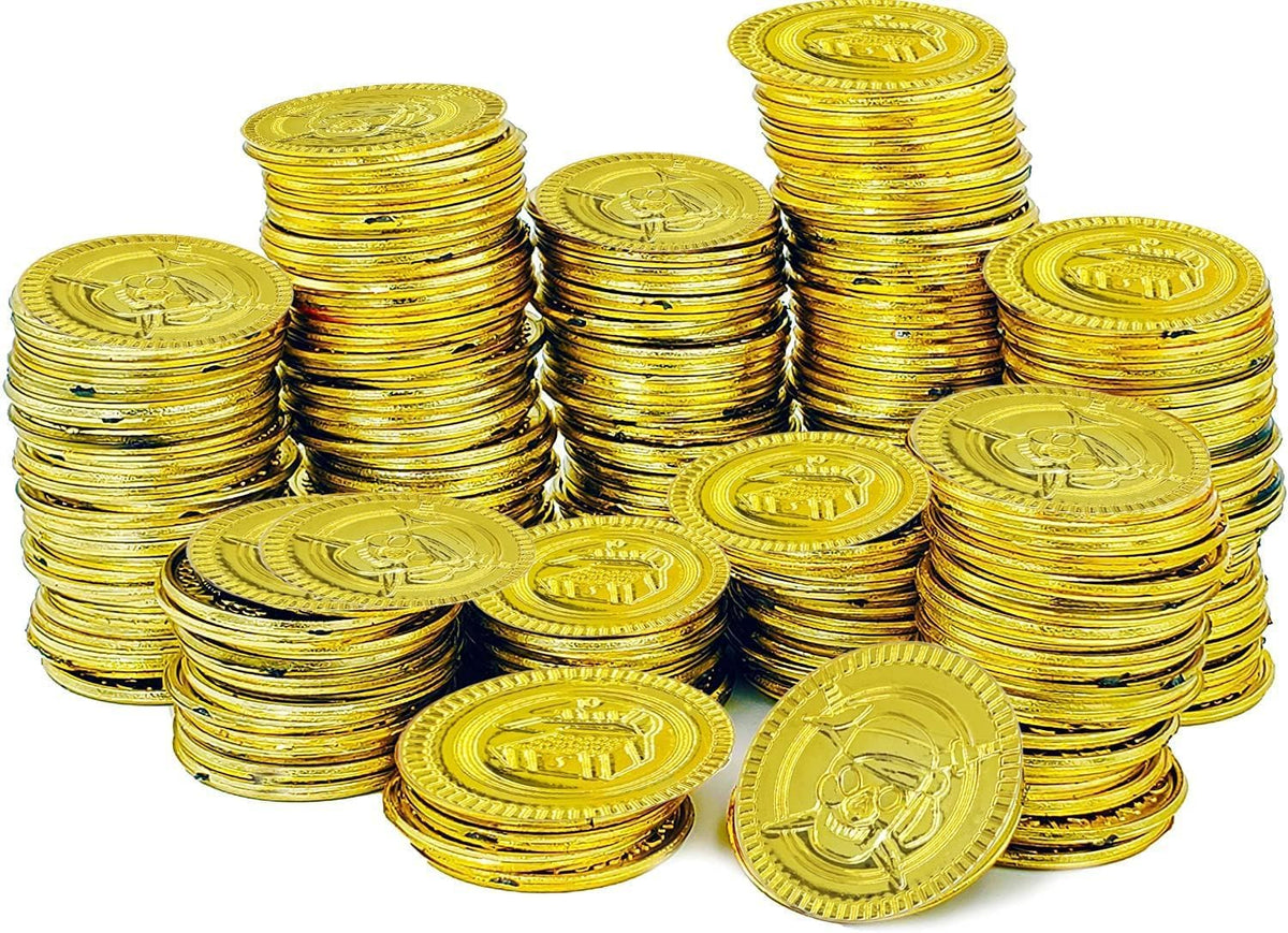 The Dreidel Company plastic gold coins, 50 pack of pirate doubloons for party favors - view 2