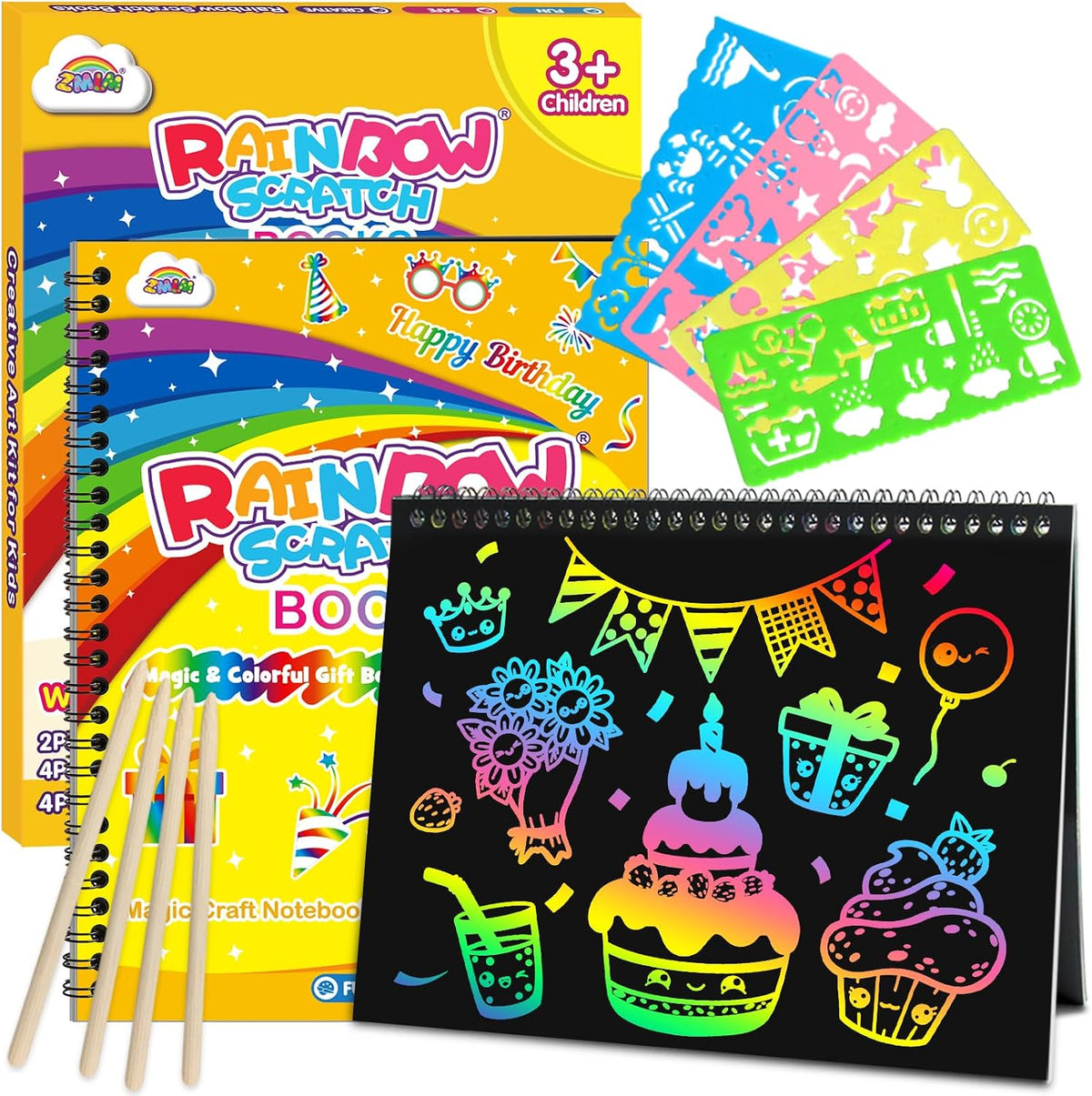 ZMLM Scratch Paper Art-Crafts Gift: 2 Pack Rainbow Notebooks Supplies - Dark Yellow