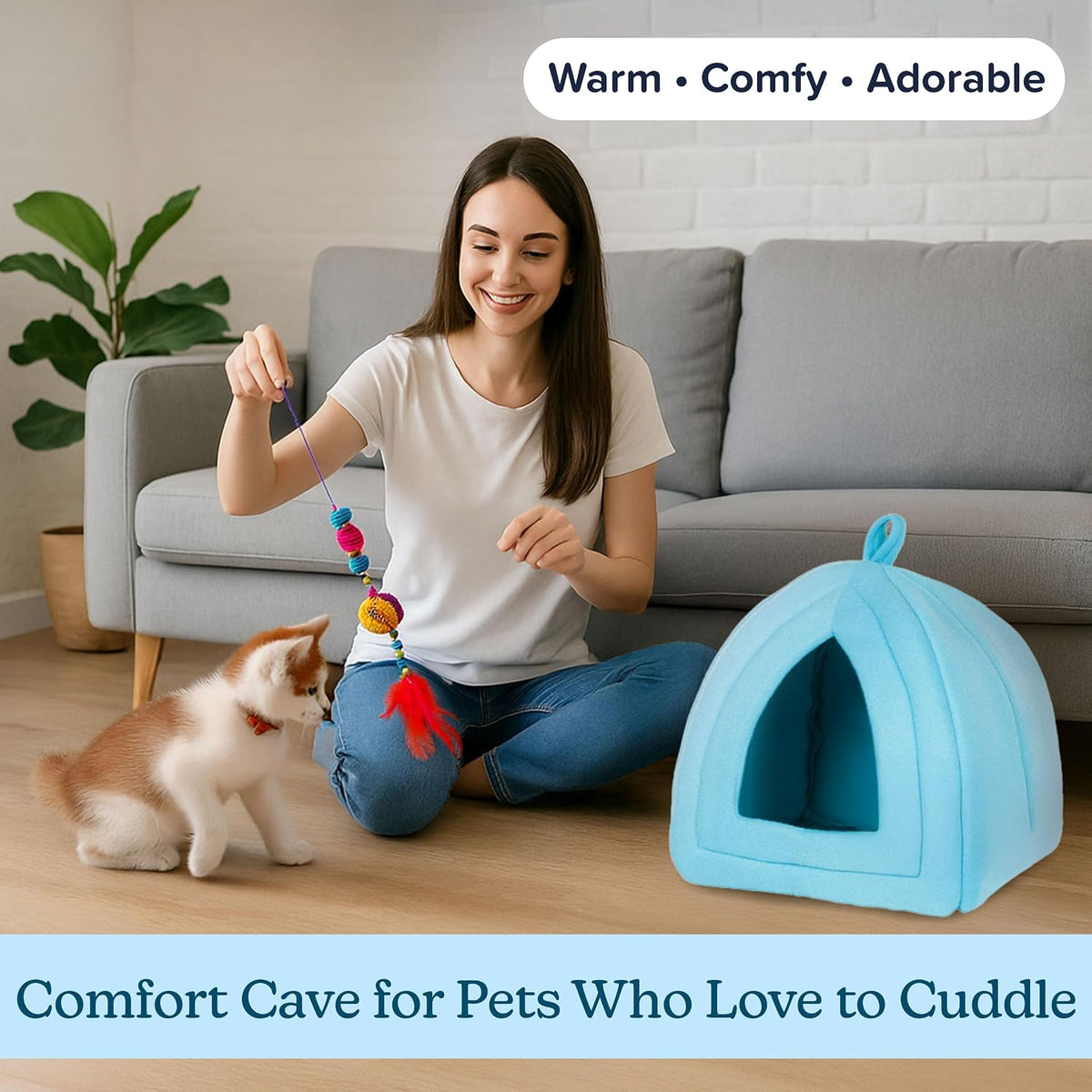 PETMAKER Cat House Indoor Bed with Removable Foam Cushion - Blue / (L) 13” x (W) 13” x (H) 15.75” - image 4