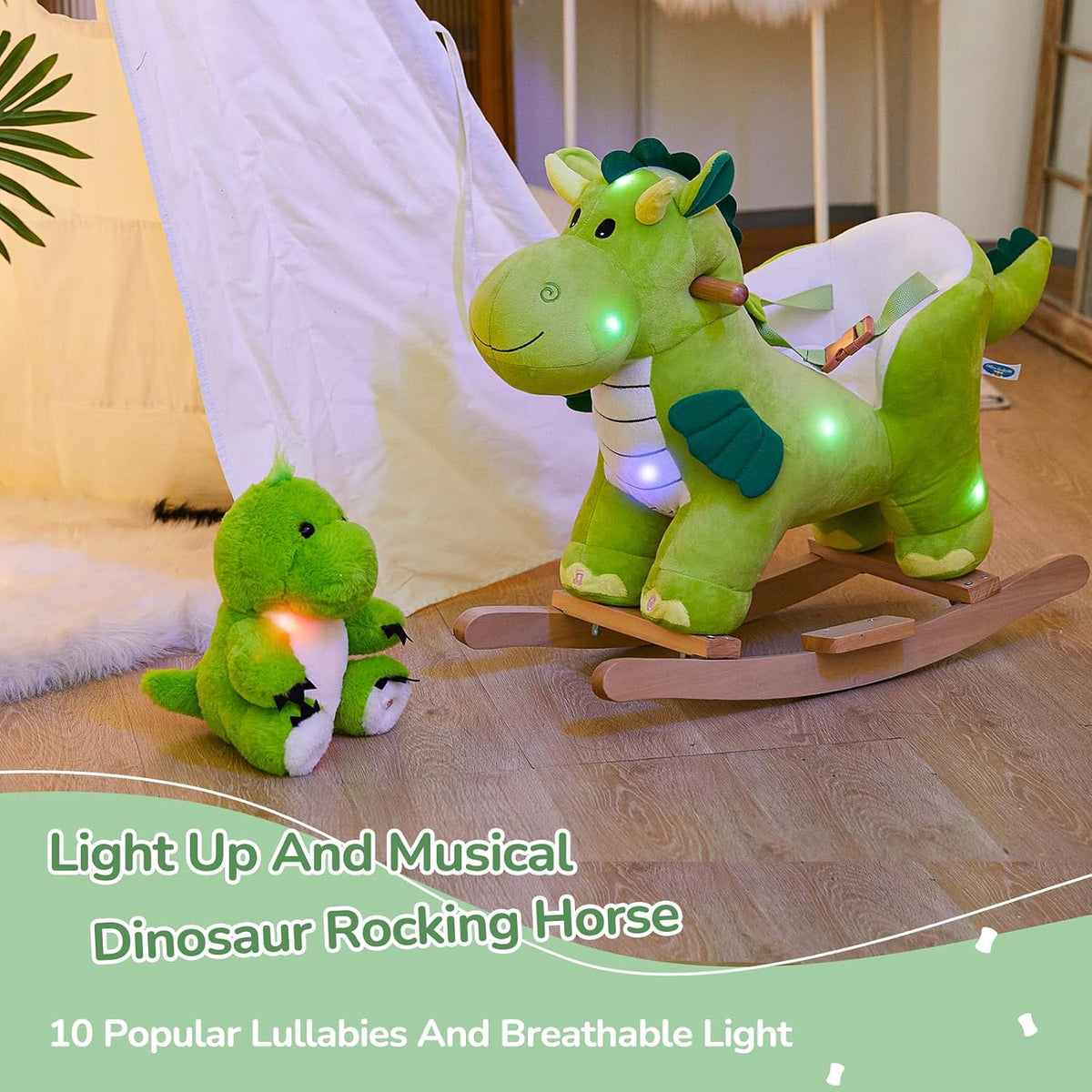 Glow Guards green dinosaur rocking horse with seat belt and plush dinosaur, set of 2 - view 9