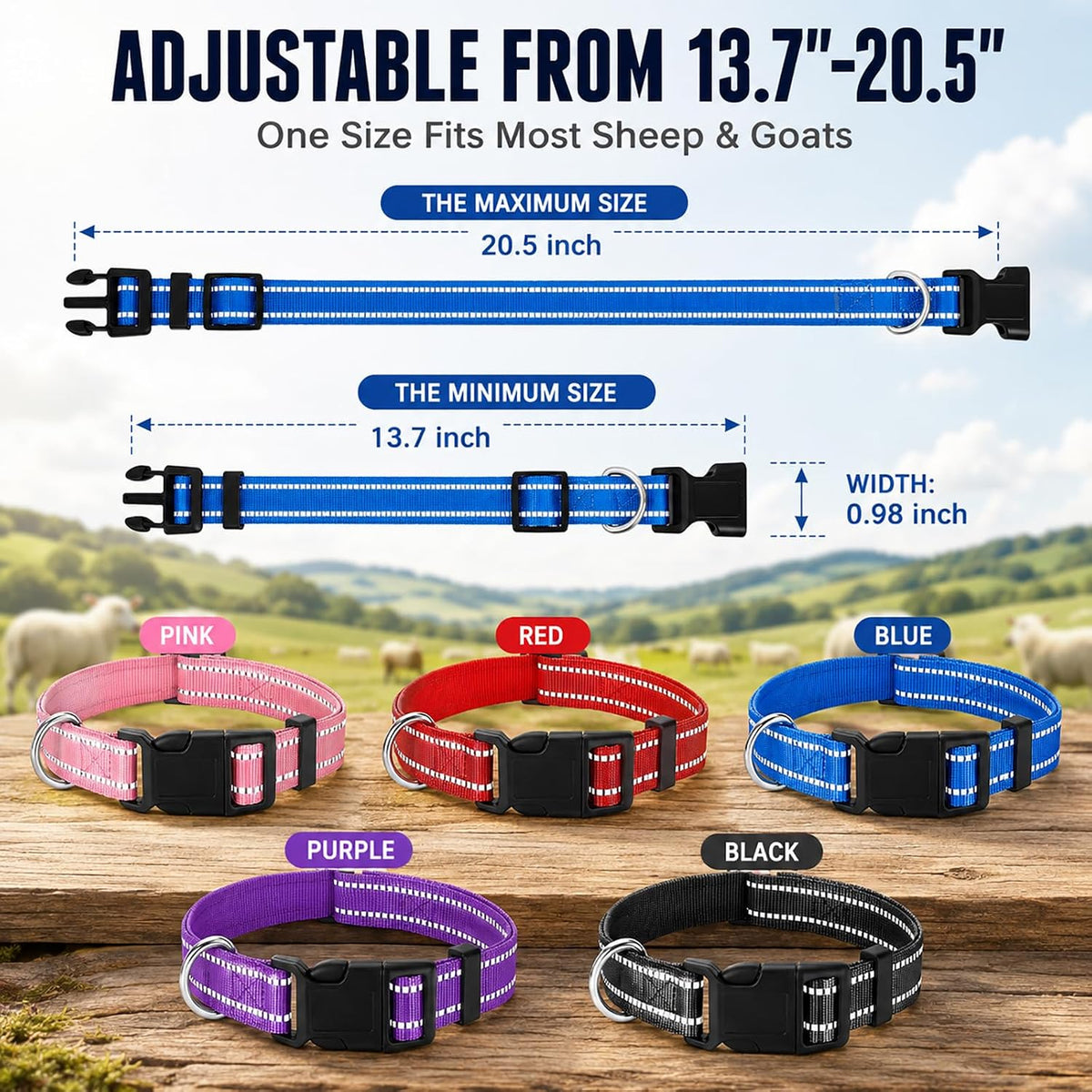 5 Pack Reflective Goat Collars with Bells, Anti-Lost Pet Collar - Black+Red+Pink+Deep Blue+Purple - image 2