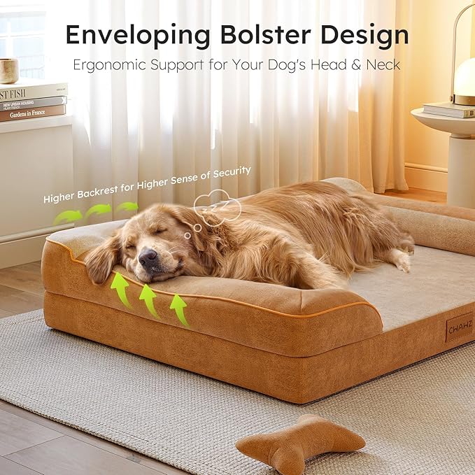Jumbo Dog Bed for Extra Large Dogs, Orthopedic Dog Bed with Cooling Gel Memory Foam, Waterproof Pet Bed with Removable Washable Cover, 45" Pet Sofa Couch Dutch Velvet with Bone Toy, Brown