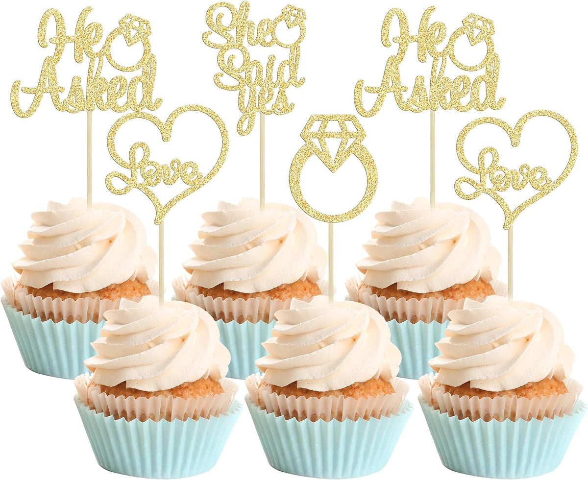 Gyufise He Asked She Said Yes Cupcake Toppers Gold Glitter Diamond - Gold