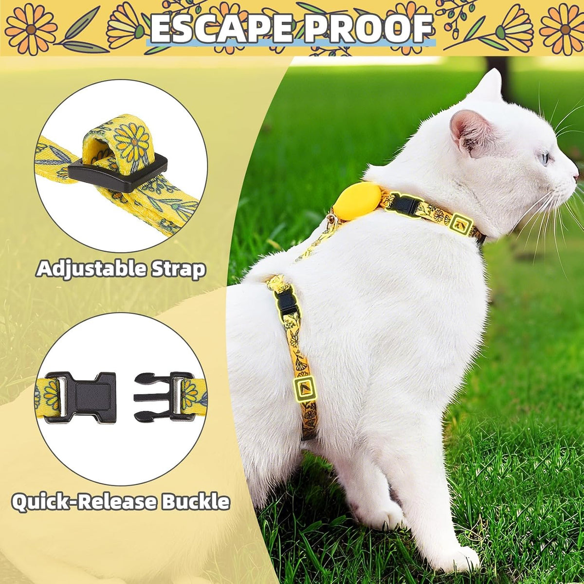 PUPTECK Adjustable Cat Harness and Leash Set Escape Proof Kitten - Small / Yellow(Floral) - image 2