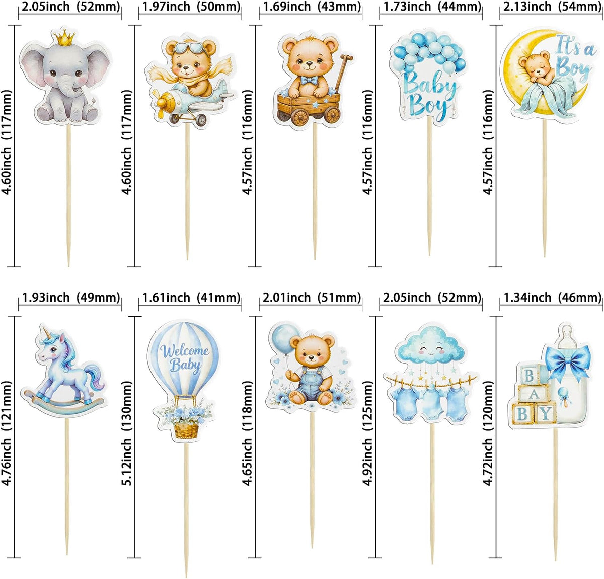 Gyufise 36Pcs Baby Shower Bear Cupcake Toppers Moon Baby Bear Baby - Blue White - image 2