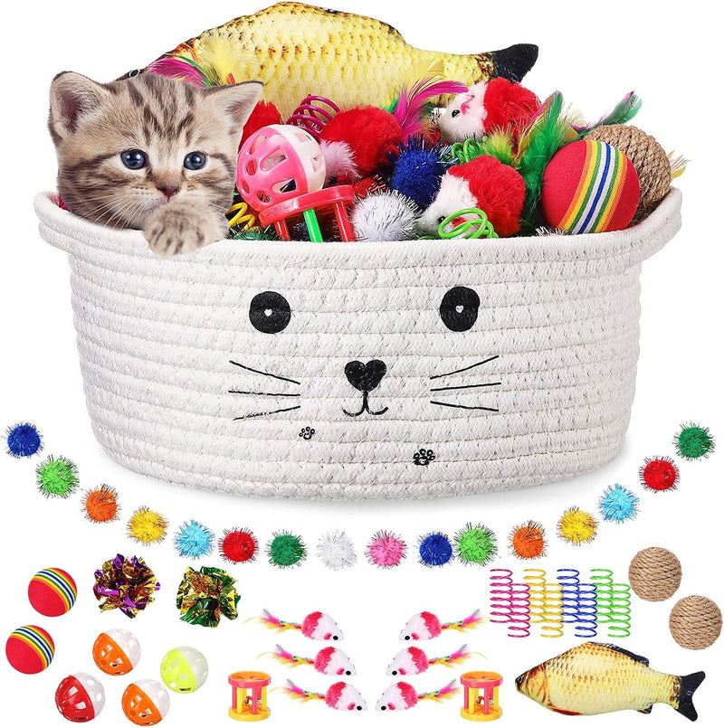 Zopeal 58 Pcs Cat Toy Set with Storage Basket Indoor, Grey - White / 9.8 Inch