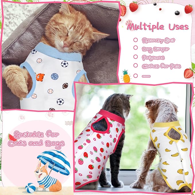 Nuanchu 3 Pieces Cat Recovery Suit Kitten Recovery Suit E-Collar Alternative for Cats and Dogs Abdominal Skin Anti Licking Pajama Clothes Sets(Strawberry Pattern,Small)