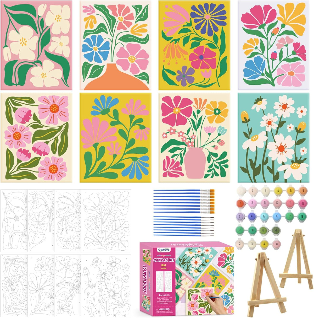 goldentime Kids Paint by Number Kits Including 6 Pre-Drawn Canvas - flowers