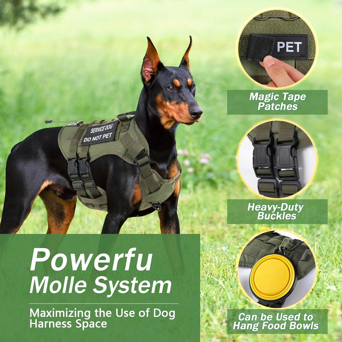 No Pull Tactical Dog Harness Medium Sized Dog, Service Dog Vest - Small(Chest:23.5-32.6",Neck:15-18") / Green - image 3