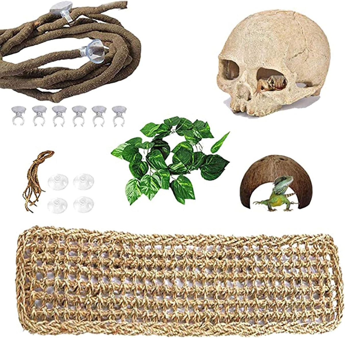 PINVNBY Bearded Dragon Tank Accessories - 【Human Skull+Rectangle Hammock Decor】