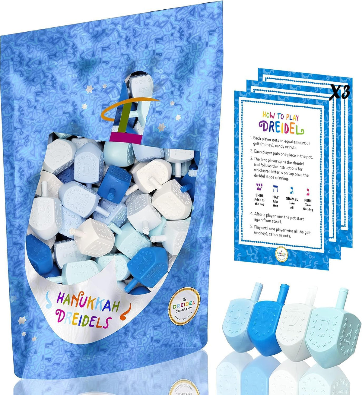 The Dreidel Company 25 pack Hanukkah dreidels in blue and white plastic with foil Hebrew letters - view 3