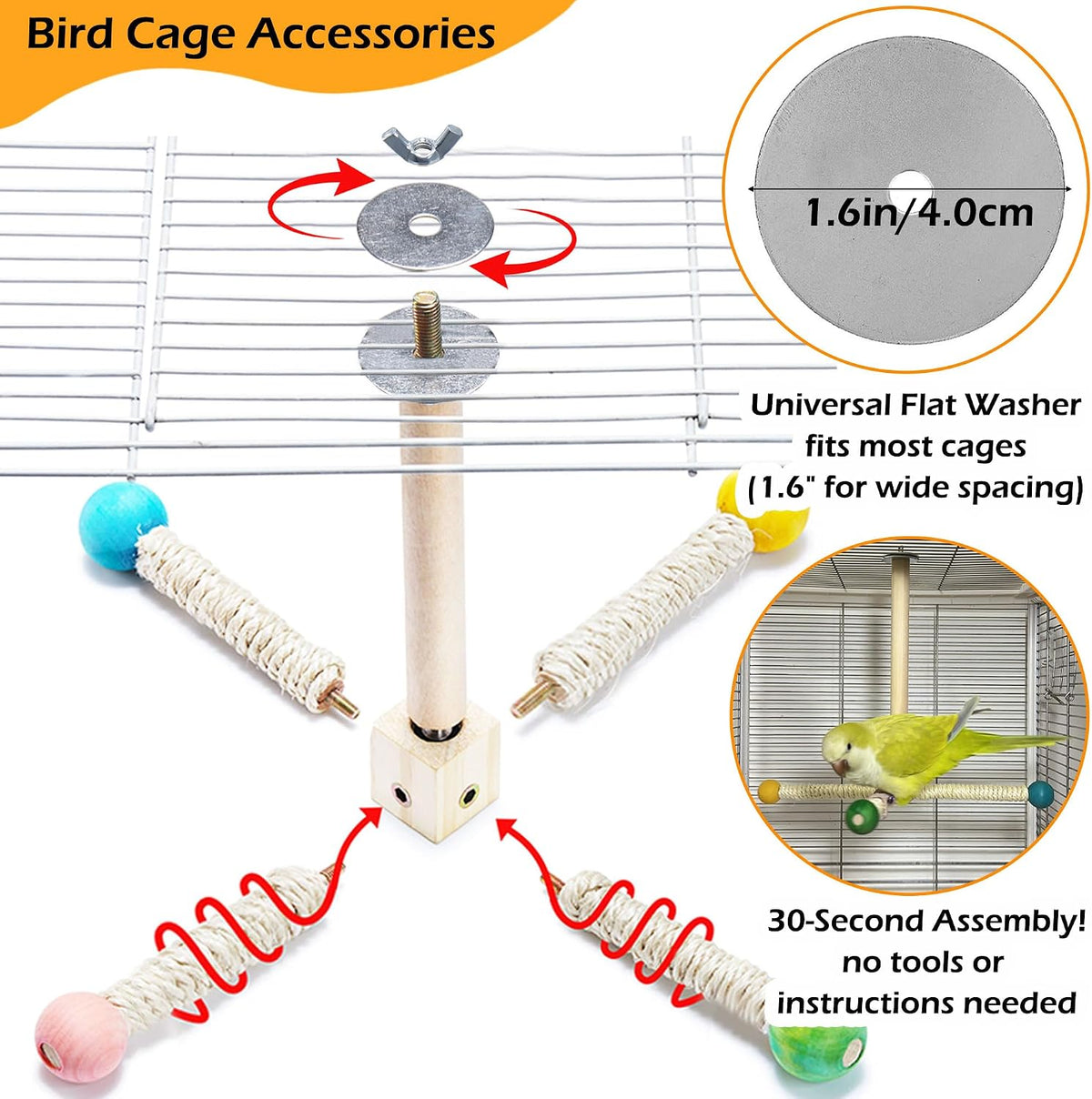 Bird Perch Toy, Kiln-Dried Wood Interactive 360° Spinning Cage Toy – Essentials for Birds - Large (no bells) - image 3