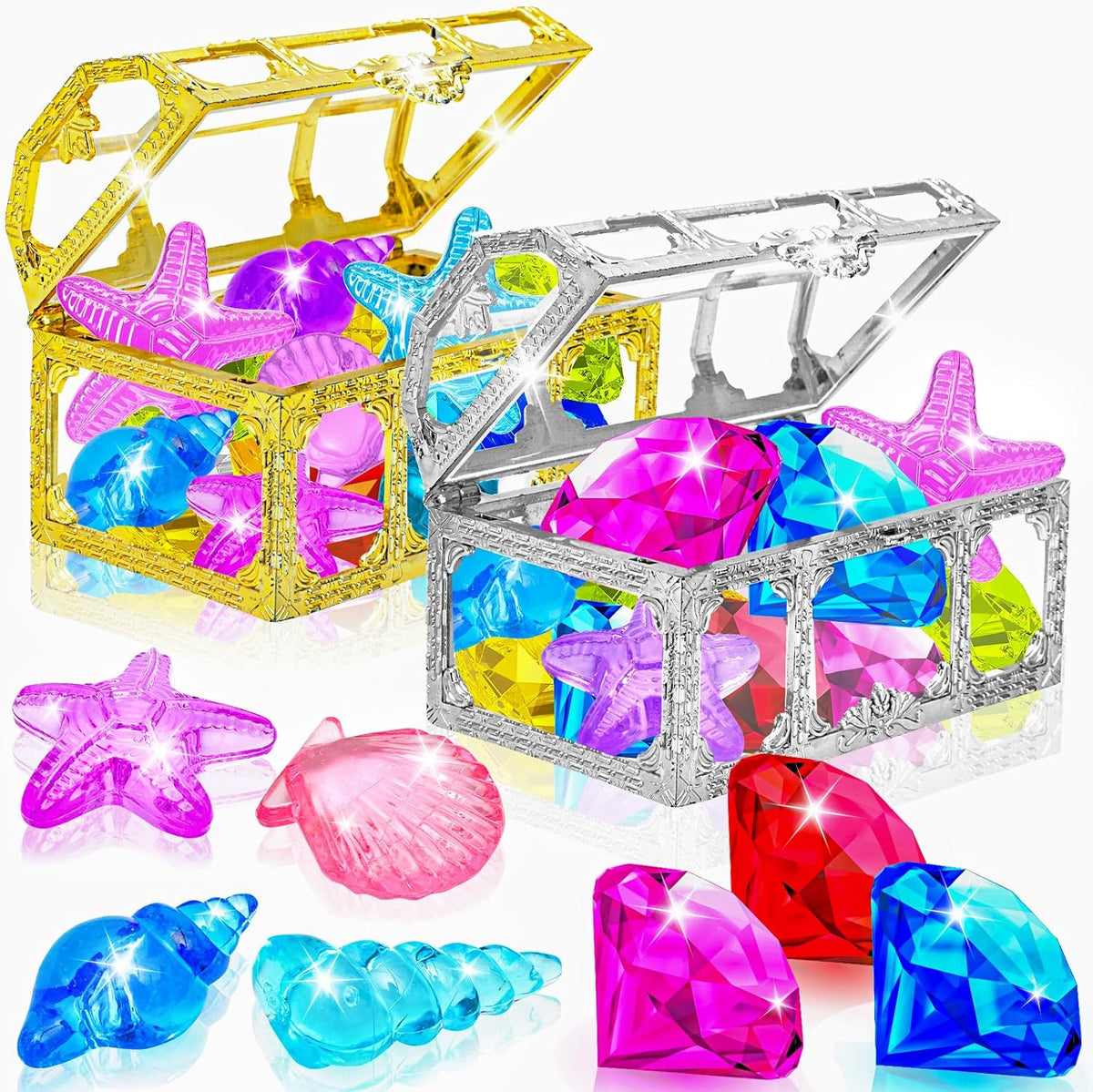 MGparty 24 piece diving gem pool toys with colorful acrylic gems, shells and pirate treasure chest
