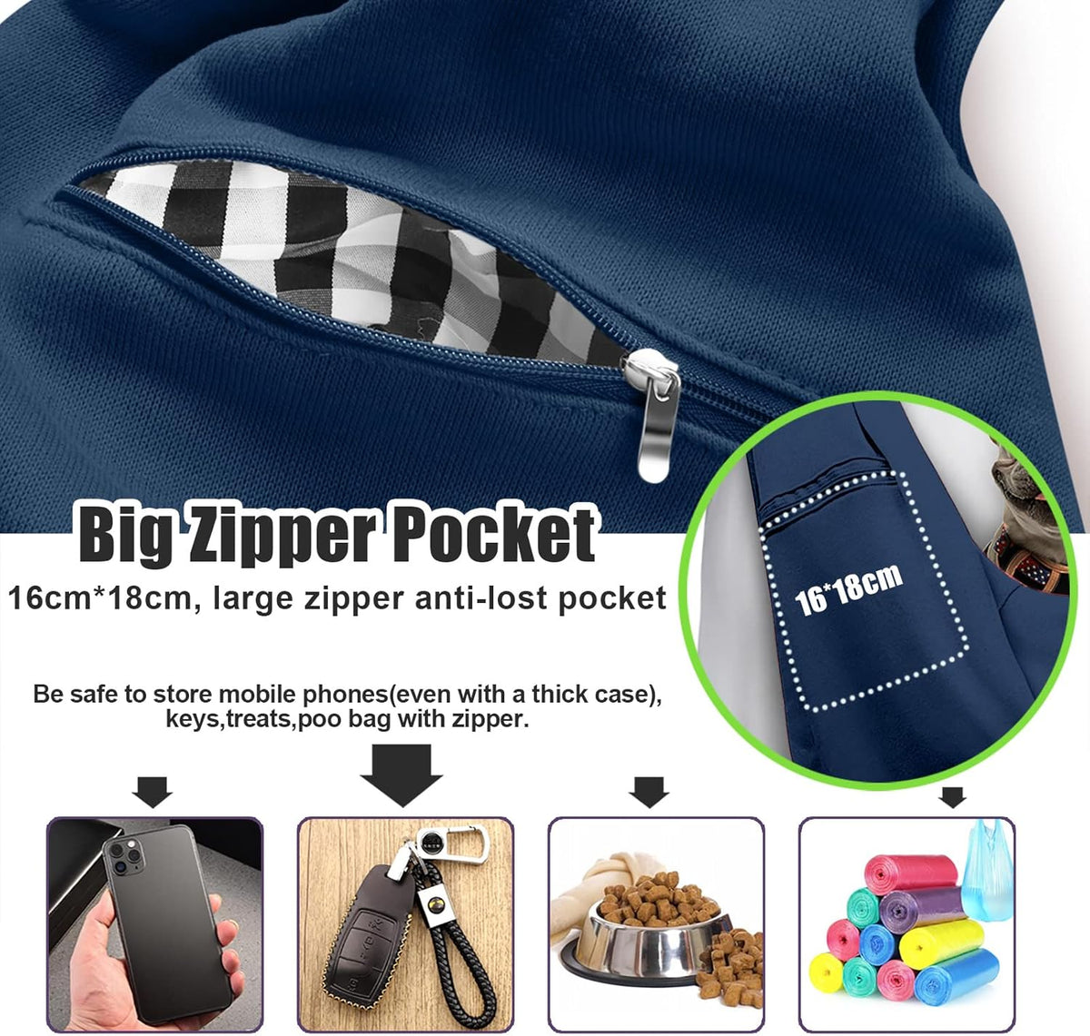 Tomkas Small Dog Sling Carrier, Classic Pocket & Classic Strap - Darkblue / M - Zip pocket & Adjust Strap - image 2