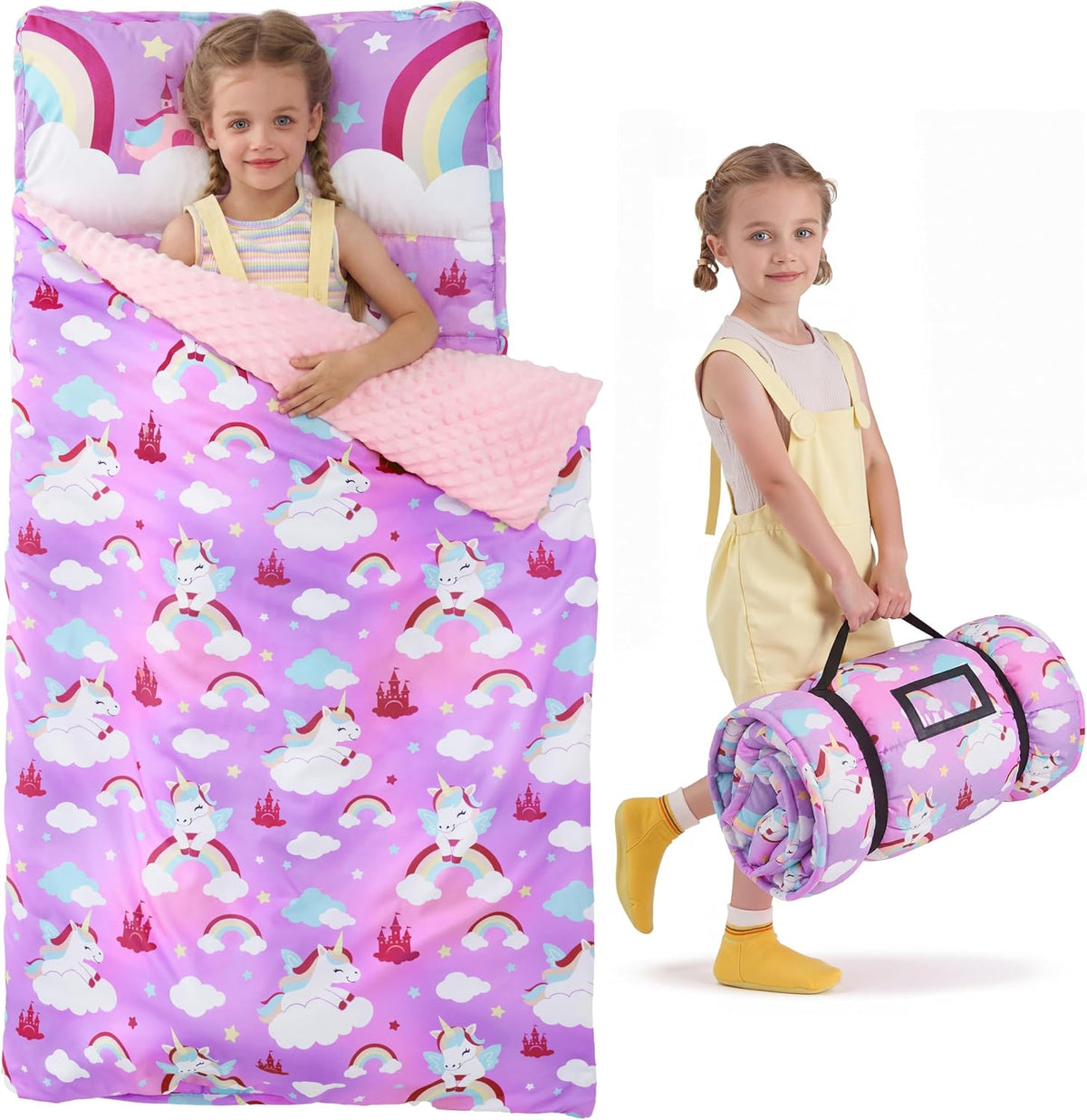 JOIEDOMI Toddler Nap Mat with Removable Pillow and Minky Blanket - Purple Unicorn