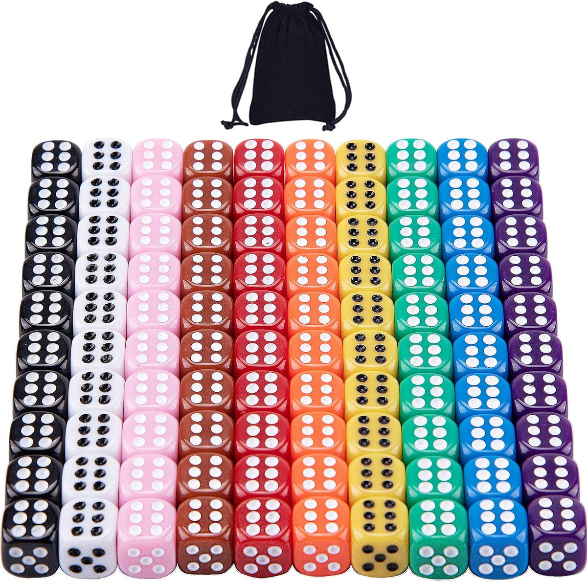 AUSTOR 100 Pcs 12mm Dice 6 Sided Game Dice Set with a Drawstring Pouch – Fun for Kids & Family - Solid Rounded, 12mm