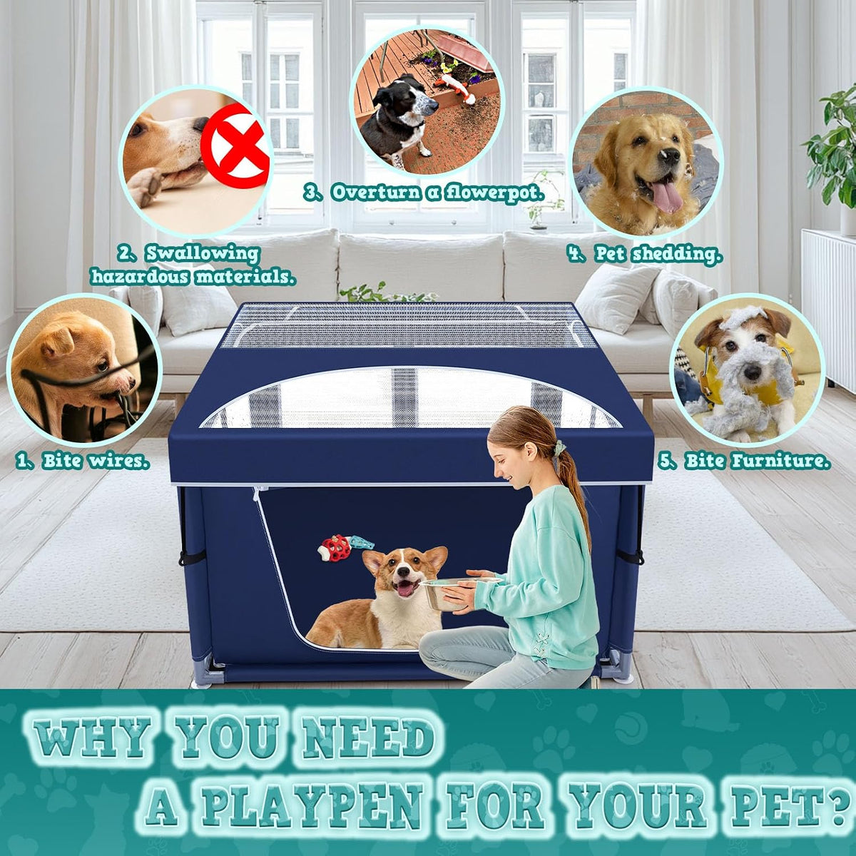 42x42 Inches Puppy Playpen with Gate - Blue / 42x42 IN With Cover - image 2