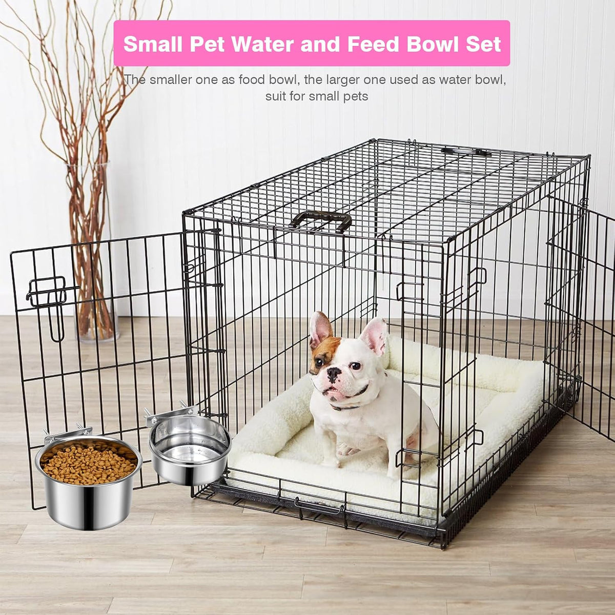 2 Pcs Stainless Steel Small Dog Crate Food Water Bowl - S (34 & 19 OZ) / Silver - image 3