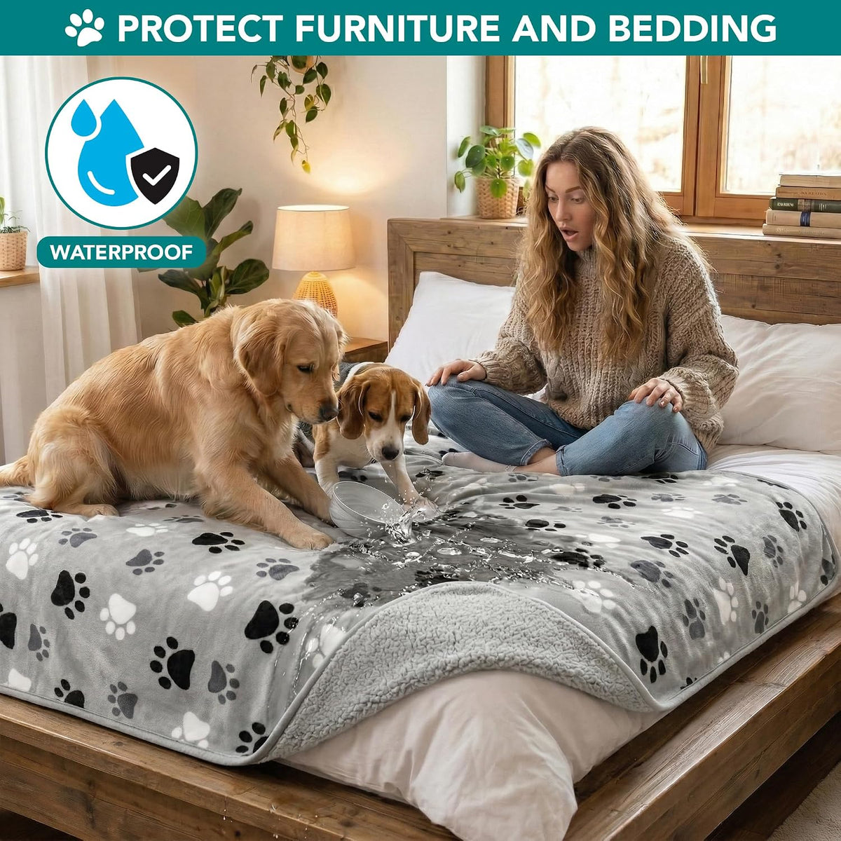 PetAmi Waterproof Dog Blanket Puppy Couch Bed Cover Queen 90x90 - Paw Gray / Queen (90x90) - image 3