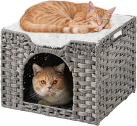 Cat Beds Indoor Kitten House, PE Rattan Cat Cave - Gray / Rectangle-M