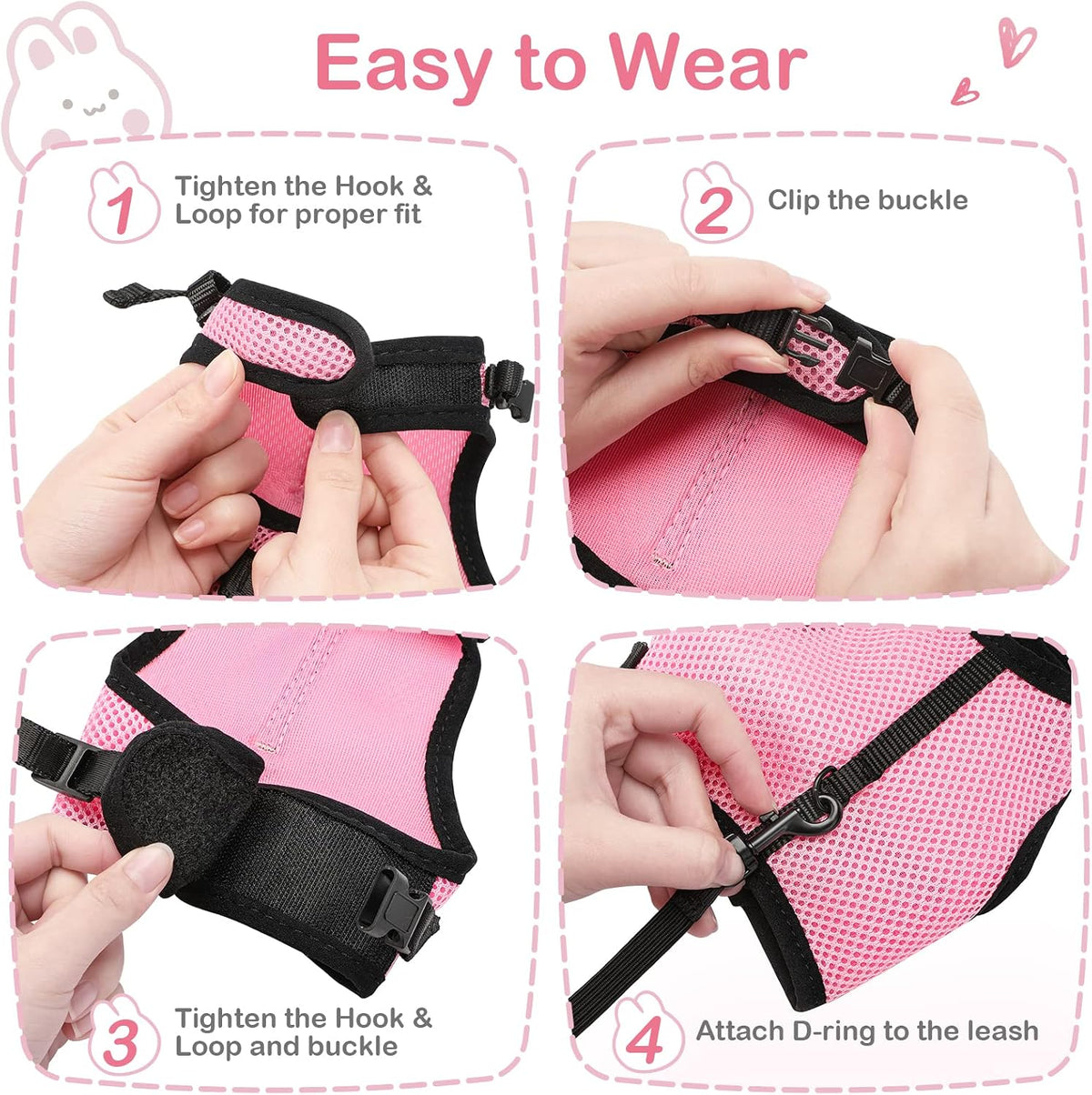 PETTOM Bunny Rabbit Guinea Pig Harness Stretchy Elastic Leash Cute - XL(Chest:12.5-15.7 in) / Pink - image 3